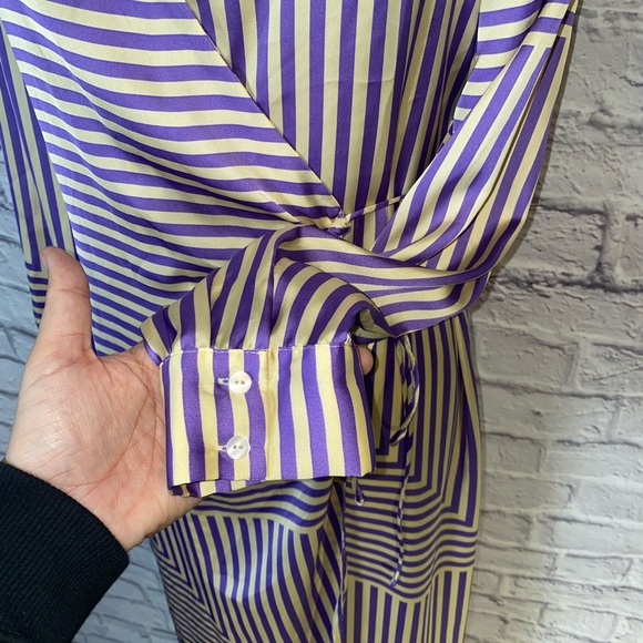 Mango (MNG) Satin Purple & Cream Striped Wrap Dress. Mid Length. Size 8. - Picture 6 of 15